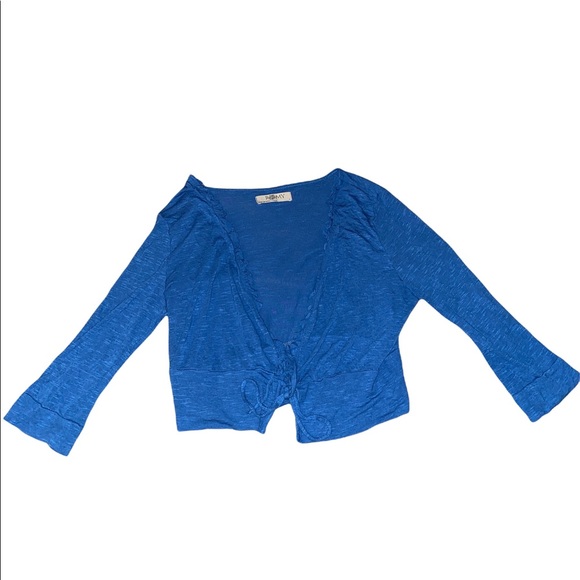 ROMY blue ruffle 3/4 sleeve tie cover up cardigan - Picture 1 of 4